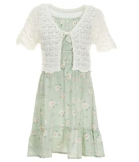 I.N. Girl Big Girls Short-Sleeve Novelty-Stitched Crocheted Cardigan & Sleeveless Floral-Printed Fit-And-Flare Dress Set