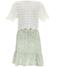 I.N. Girl Big Girls Short-Sleeve Novelty-Stitched Crocheted Cardigan & Sleeveless Floral-Printed Fit-And-Flare Dress Set