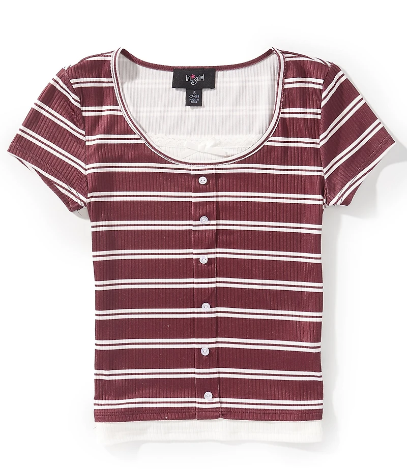 I.N. Girl Big Girls Short-Sleeve Striped/Lace-Trimmed Two-Fer Top