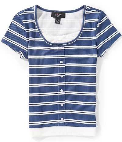 I.N. Girl Big Girls Short-Sleeve Striped/Lace-Trimmed Two-Fer Top