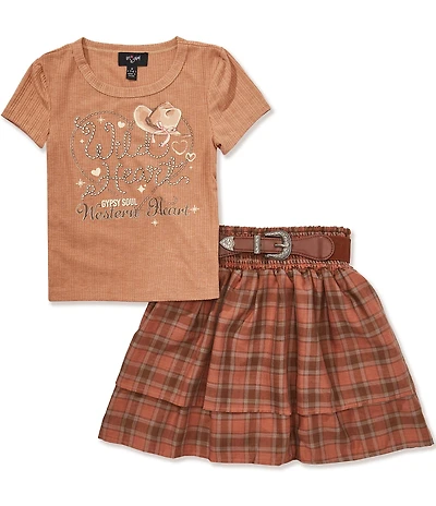 I.N. Girl Big Girls Short Sleeve Wild Heart T-Shirt & Plaid Skirt Set