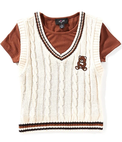 I.N. Girl Big Girls Sleeveless Bear Cable-Knit Bear-Embroidered-Motif Sweater Vest & Solid Short-Sleeve T-Shirt