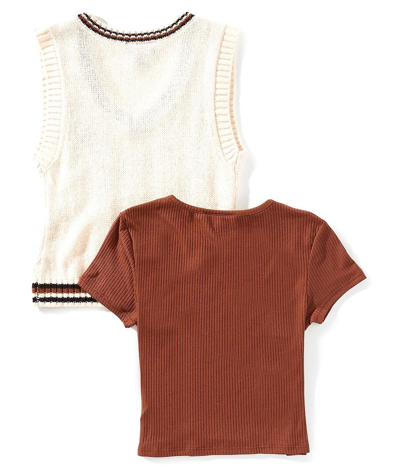 I.N. Girl Big Girls Sleeveless Bear Cable-Knit Bear-Embroidered-Motif Sweater Vest & Solid Short-Sleeve T-Shirt
