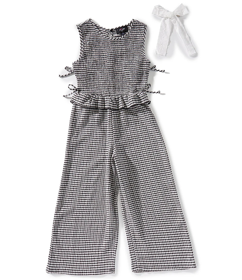 I.N. Girl Big Girls Sleeveless Gingham Print Smocked Bodice Peplum Jumpsuit