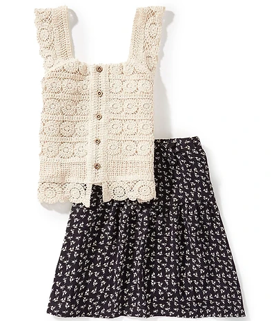I.N. Girl Big Girls Sleeveless Crocheted Tank Top & Printed Skirt Set