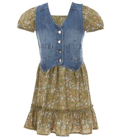 I.N. Girl Big Girls Sleeveless Denim Vest & Puffed-Sleeve Floral-Printed Dress