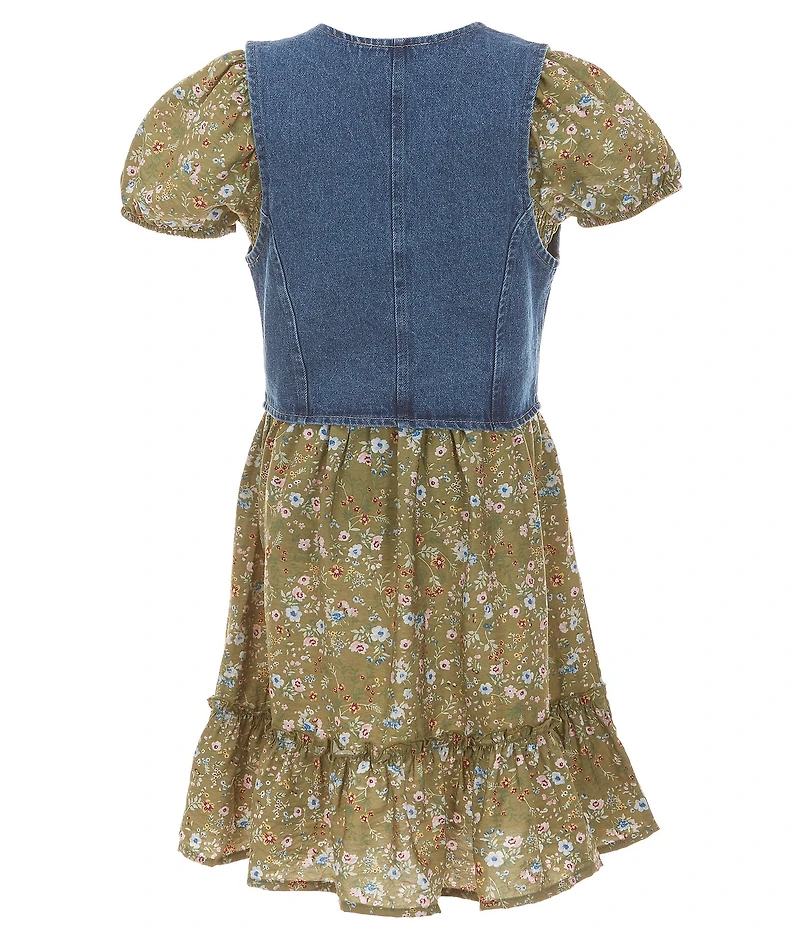 I.N. Girl Big Girls Sleeveless Denim Vest & Puffed-Sleeve Floral-Printed Dress