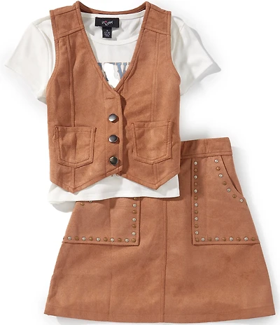 I.N. Girl Big Girls Sleeveless Faux Suede Vest, Short Sleeve Graphic T-Shirt & Faux Suede Stud Embellished Skirt Set