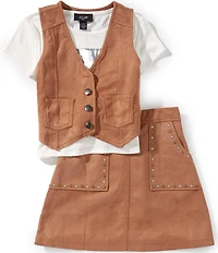I.N. Girl Big Girls Sleeveless Faux Suede Vest, Short Sleeve Graphic T-Shirt & Faux Suede Stud Embellished Skirt Set