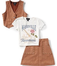I.N. Girl Big Girls Sleeveless Faux Suede Vest, Short Sleeve Graphic T-Shirt & Faux Suede Stud Embellished Skirt Set