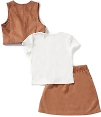 I.N. Girl Big Girls Sleeveless Faux Suede Vest, Short Sleeve Graphic T-Shirt & Faux Suede Stud Embellished Skirt Set
