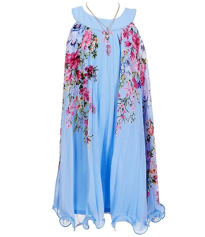 I.N. Girl Big Girls Halter Floral Border Printed Pleated Lettuce Trim Swing Dress