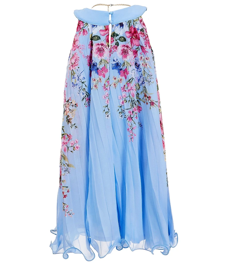 I.N. Girl Big Girls Halter Floral Border Printed Pleated Lettuce Trim Swing Dress