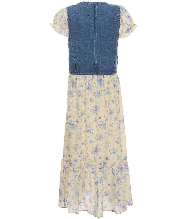 I.N. Girl Big Girls Sleeveless Patch-Pocket Denim Vest & Ruffle-Sleeve Floral-Printed Dress