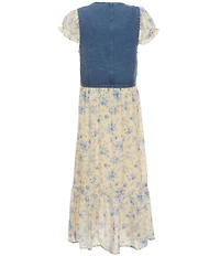 I.N. Girl Big Girls Sleeveless Patch-Pocket Denim Vest & Ruffle-Sleeve Floral-Printed Dress