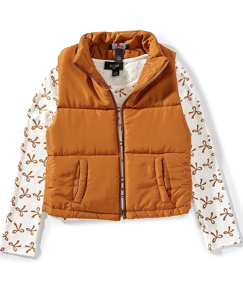 I.N. Girl Big Girls Sleeveless Puffer Vest & Long-Sleeve Bow-Printed T-Shirt
