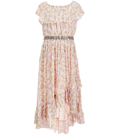 I.N. Girl Big Girls Sleeveless Ruffle Neck Flroal Printed High-Low Hem Faux Wrap Dress