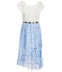 I.N. Girl Big Girls On the Shoulder Ruffle Neck Lace Bodice Floral Printed High-Low Hem Dress