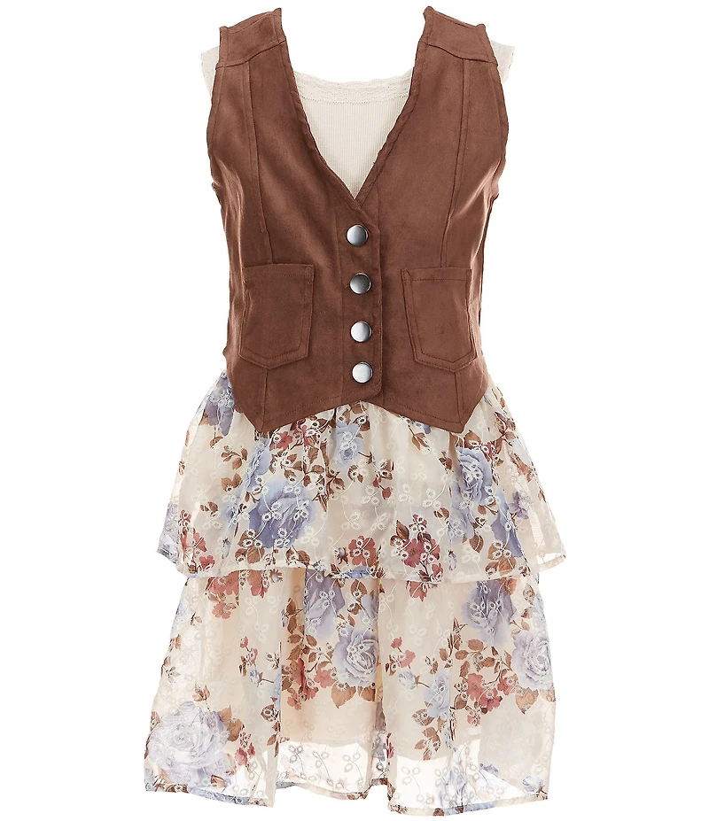 I.N. Girl Big Girls Sleeveless Solid Patch Pocket Vest & Sleeveless Knit Floral Dress Set