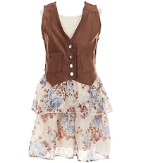 I.N. Girl Big Girls Sleeveless Solid Patch Pocket Vest & Sleeveless Knit Floral Dress Set