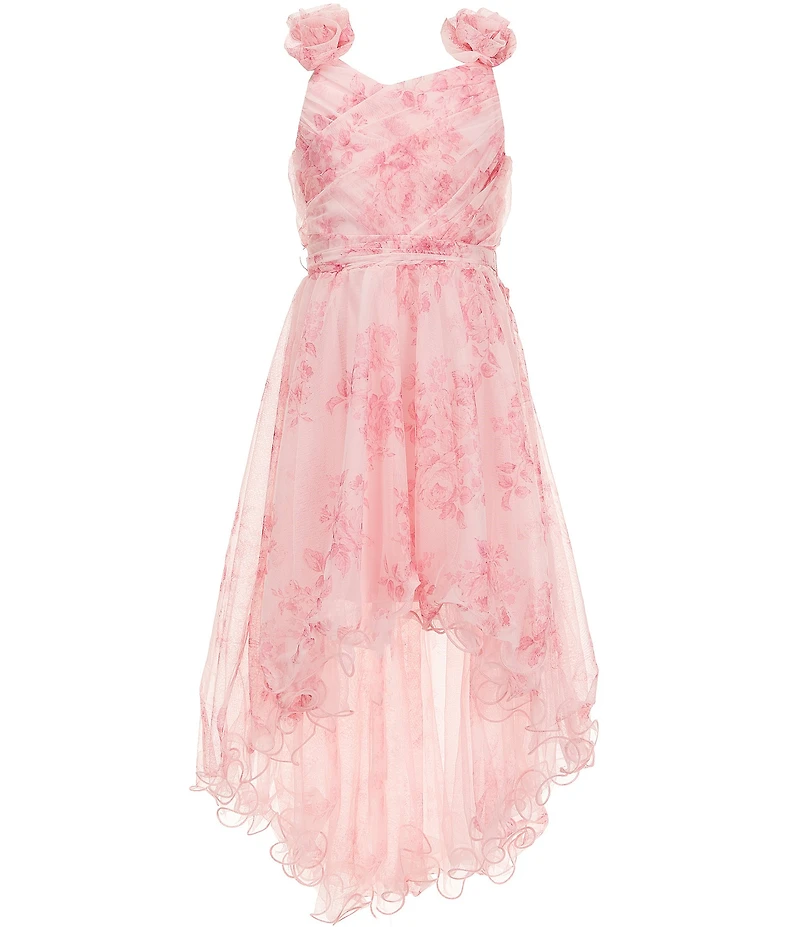 I.N. Girl Big Girls Sleeveless Surplice Shirred Bodice Printed Mesh Roses Hi-Low Dress