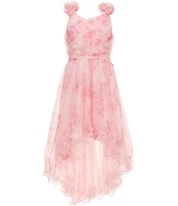 I.N. Girl Big Girls Sleeveless Surplice Shirred Bodice Printed Mesh Roses Hi-Low Dress