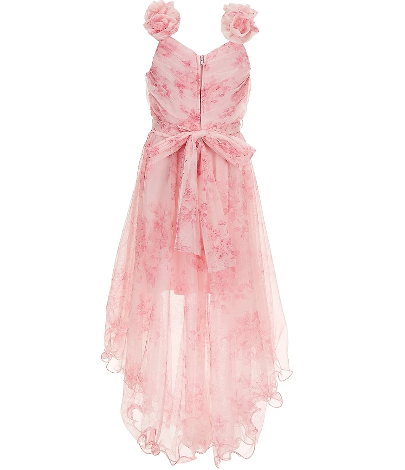 I.N. Girl Big Girls Sleeveless Surplice Shirred Bodice Printed Mesh Roses Hi-Low Dress