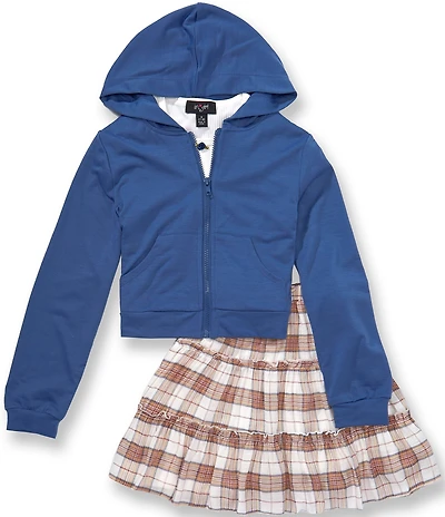I.N. Girl Big Girls Solid Hooded Jacket, Short-Sleeve T-Shirt & Plaid Woven Skirt Set