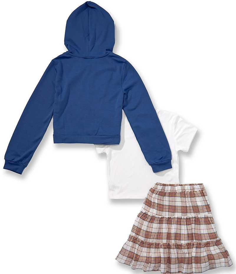 I.N. Girl Big Girls Solid Hooded Jacket, Short-Sleeve T-Shirt & Plaid Woven Skirt Set