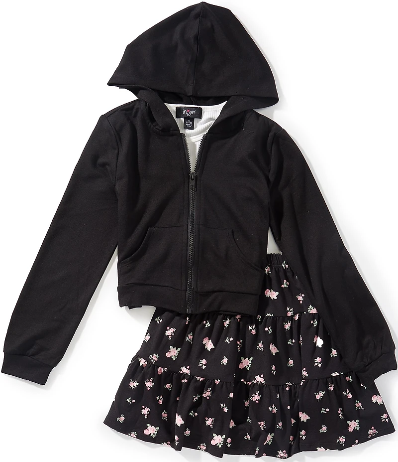 I.N. Girl Big Girls Solid Hooded Jacket, Short Sleeve T-Shirt & Ditsy Floral Print Woven Skirt Set
