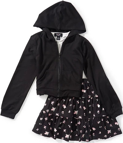 I.N. Girl Big Girls Solid Hooded Jacket, Short Sleeve T-Shirt & Ditsy Floral Print Woven Skirt Set