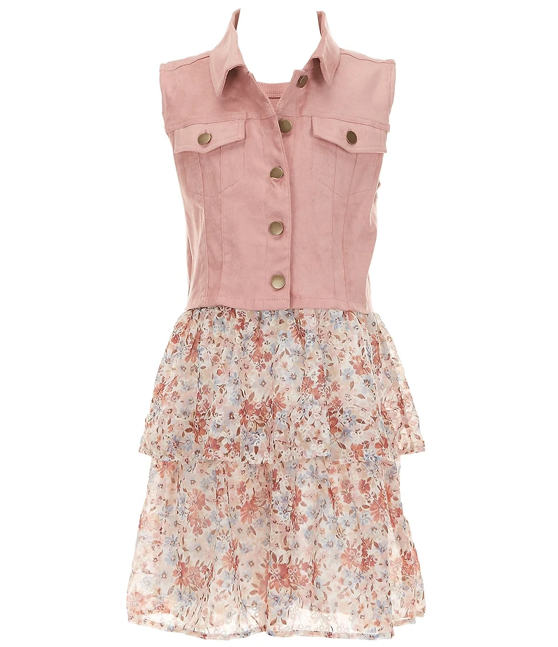 I.N. Girl Big Girls Suede Vest & Sleeveless Double Tier Floral Eyelet Dress Set