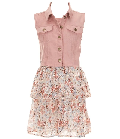 I.N. Girl Big Girls Suede Vest & Sleeveless Double Tier Floral Eyelet Dress Set