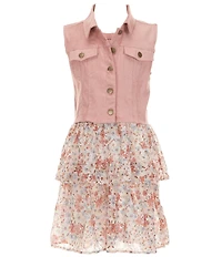 I.N. Girl Big Girls Suede Vest & Sleeveless Double Tier Floral Eyelet Dress Set