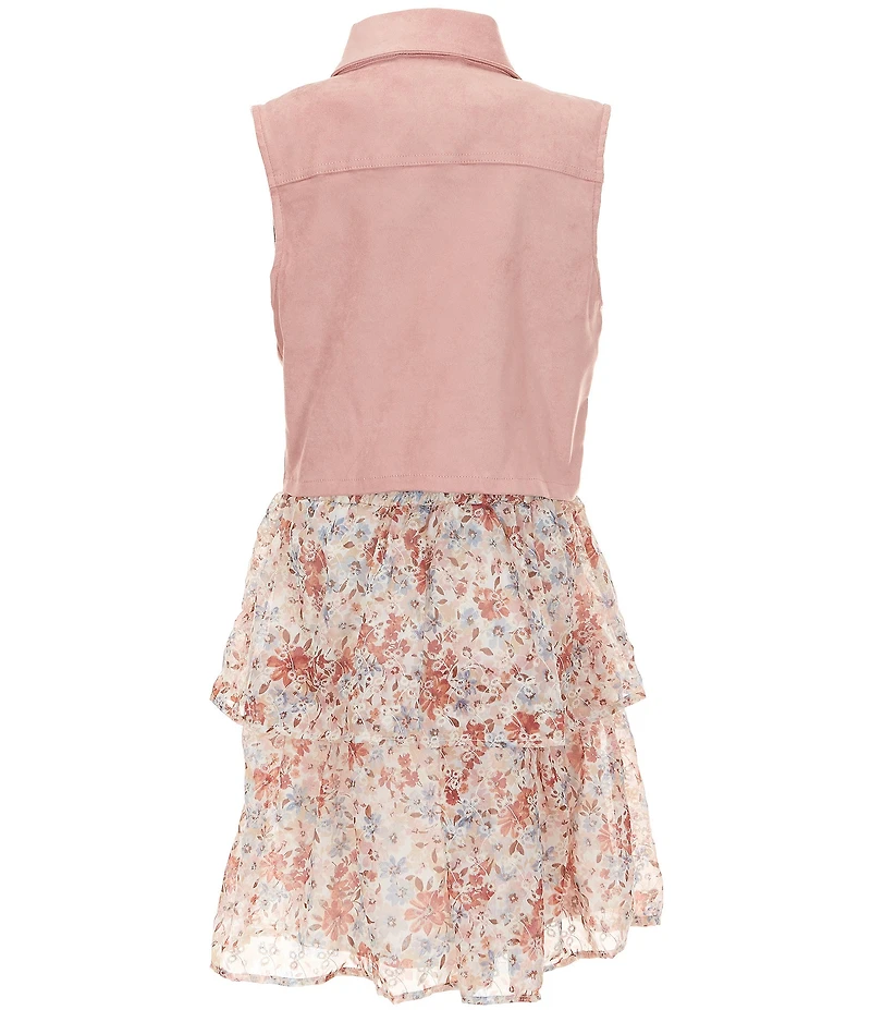 I.N. Girl Big Girls Suede Vest & Sleeveless Double Tier Floral Eyelet Dress Set