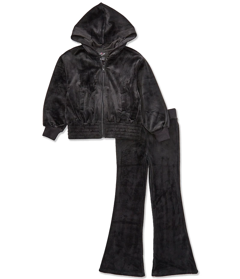 I.N. Girl Little Girls 2 Piece Long Sleeve Smocked Waist Zip Up Hoodie and Bootcut Pull On Lounge Set