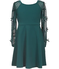 Xtraordinary Little Girls Crew Neckline Long Sleeve Bow Mesh Sleeve Scuba Crepe Dress