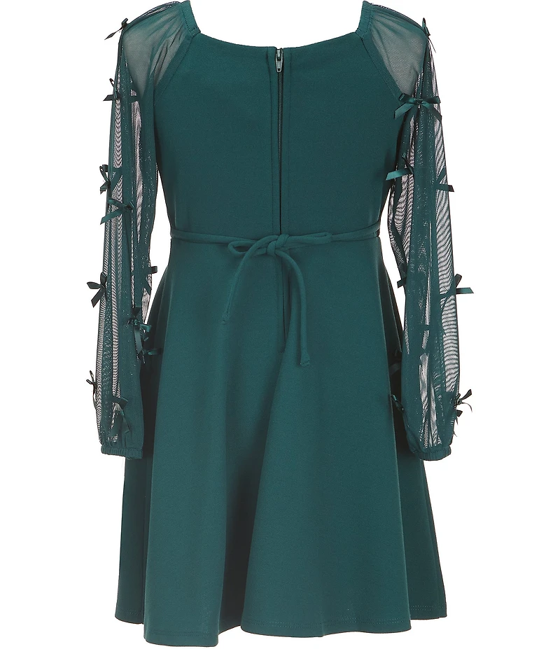 Xtraordinary Little Girls Crew Neckline Long Sleeve Bow Mesh Sleeve Scuba Crepe Dress