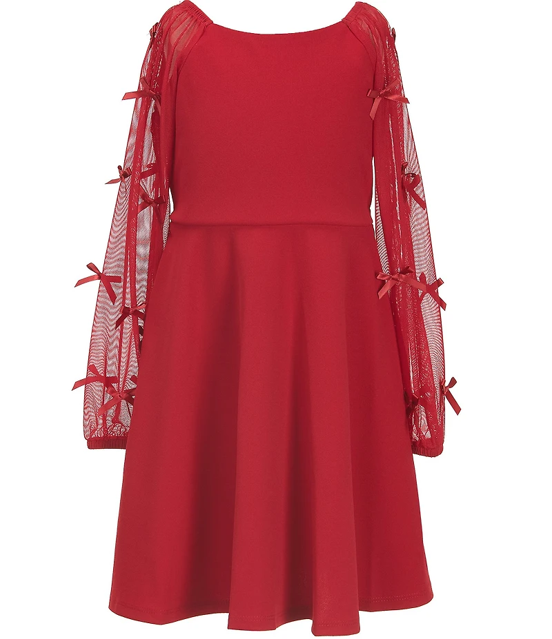 Xtraordinary Little Girls Crew Neckline Long Sleeve Bow Mesh Sleeve Scuba Crepe Dress