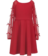 Xtraordinary Little Girls Crew Neckline Long Sleeve Bow Mesh Sleeve Scuba Crepe Dress