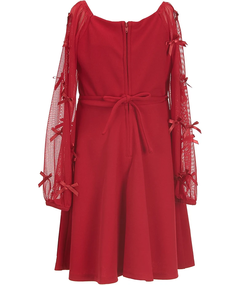 Xtraordinary Little Girls Crew Neckline Long Sleeve Bow Mesh Sleeve Scuba Crepe Dress