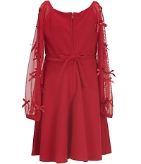 Xtraordinary Little Girls Crew Neckline Long Sleeve Bow Mesh Sleeve Scuba Crepe Dress