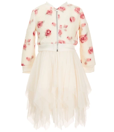 I.N. Girl Little Girls Long-Sleeve Floral-Printed Faux-Sherpa Jacket & Sleeveless Knit/Mesh Fairy-Hem Fit-And-Flare Dress