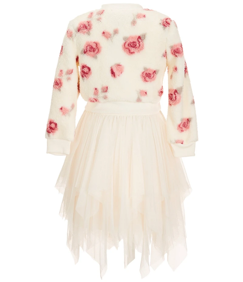 I.N. Girl Little Girls Long-Sleeve Floral-Printed Faux-Sherpa Jacket & Sleeveless Knit/Mesh Fairy-Hem Fit-And-Flare Dress