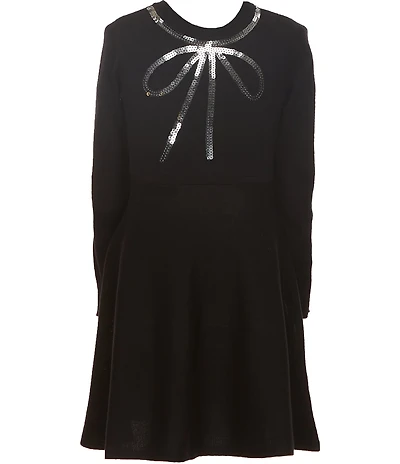 I.N. Girl Little Girls Long-Sleeve Sequin-Embellished-Bow-Motif Sweater Dress