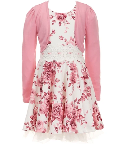 I.N. Girl Little Girls Long-Sleeve Solid Shrug & Sleeveless Floral-Printed Fit-And-Flare Dress 2-Piece Set