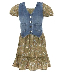 I.N. Girl Little Girls Floral Puff Sleeve Dress & Denim Vest Set