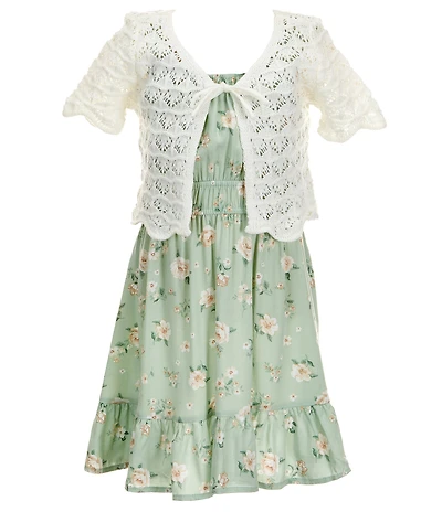 I.N. Girl Little Girls Short-Sleeve Novelty-Stitched Crocheted Cardigan & Sleeveless Floral-Printed Fit-And-Flare Dress Set