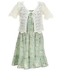 I.N. Girl Little Girls Short-Sleeve Novelty-Stitched Crocheted Cardigan & Sleeveless Floral-Printed Fit-And-Flare Dress Set
