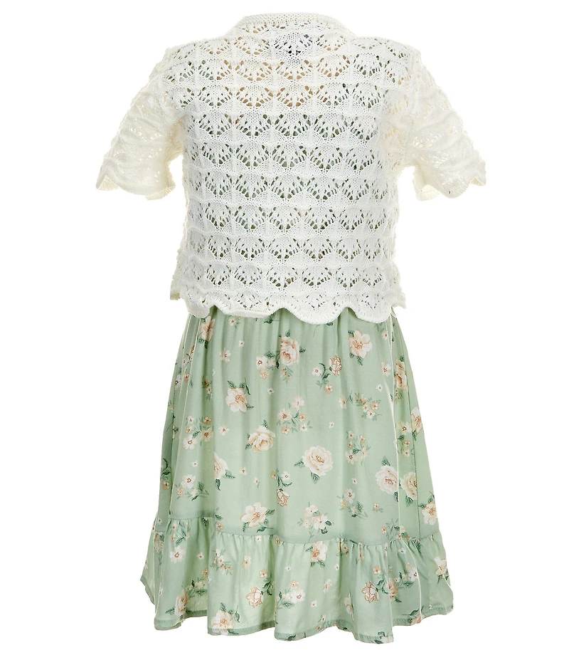 I.N. Girl Little Girls Short-Sleeve Novelty-Stitched Crocheted Cardigan & Sleeveless Floral-Printed Fit-And-Flare Dress Set